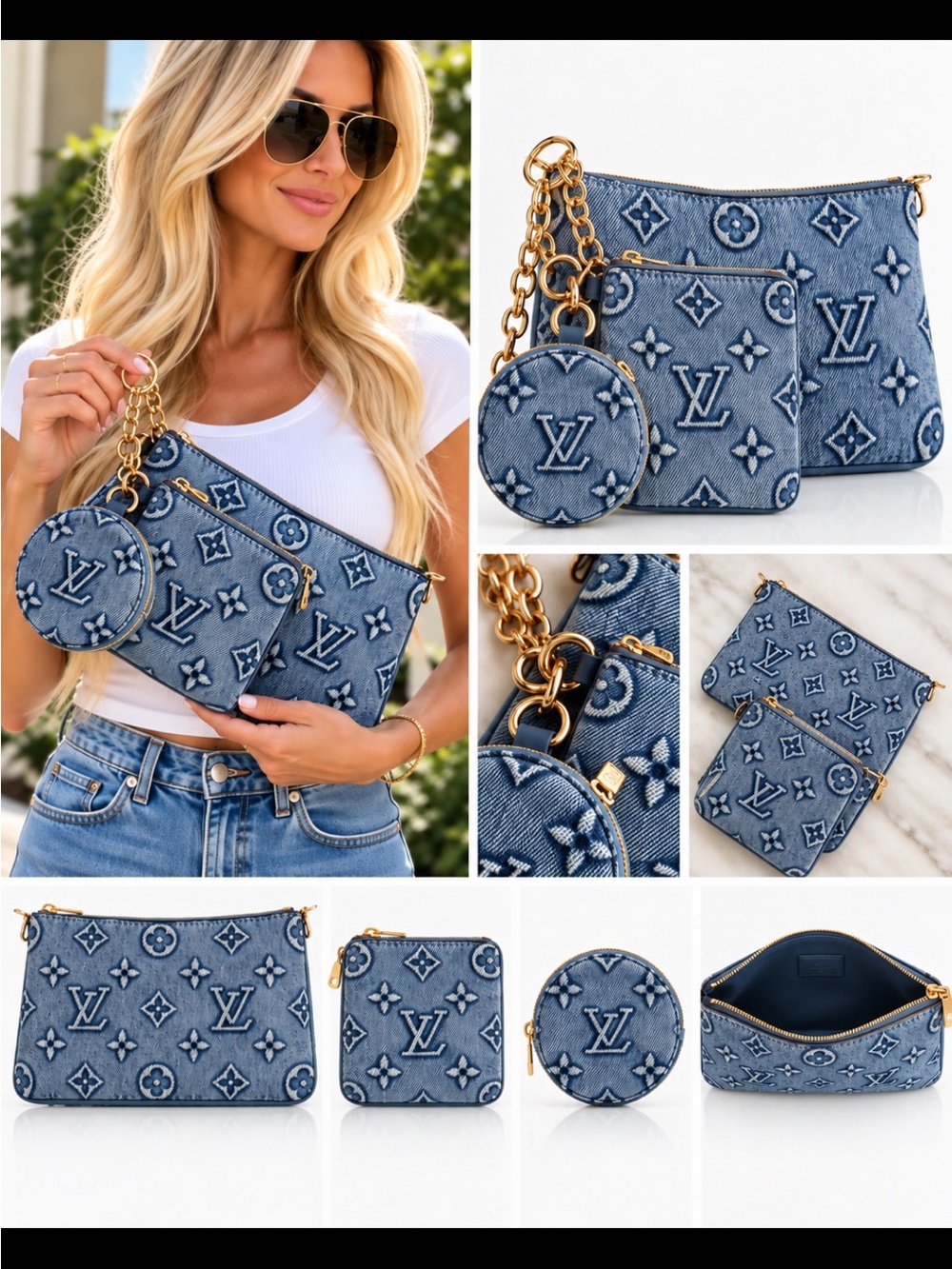 FASHION Denim 3 Piece Denim Pouch Wristlet Set in Blue blue